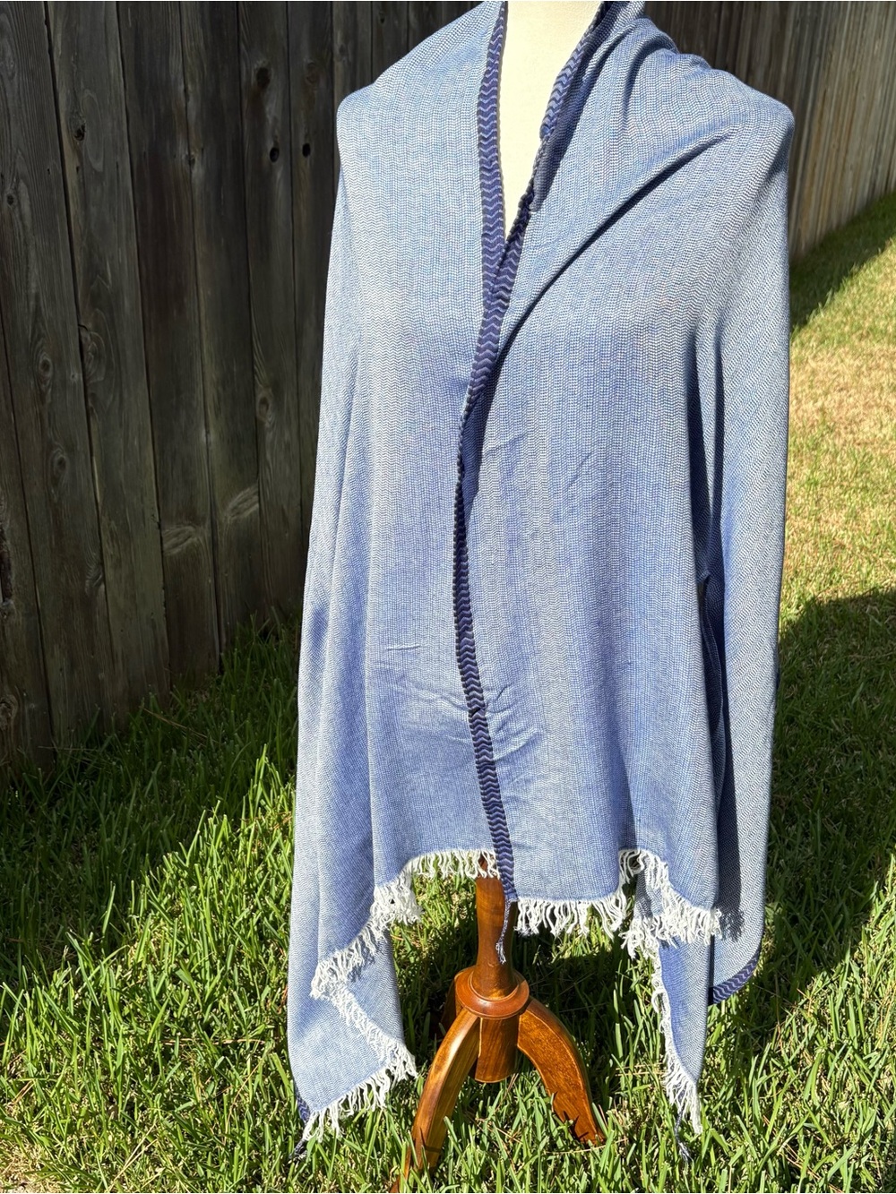 J. Crew Light Blue Fringe Wrap with Navy Trim